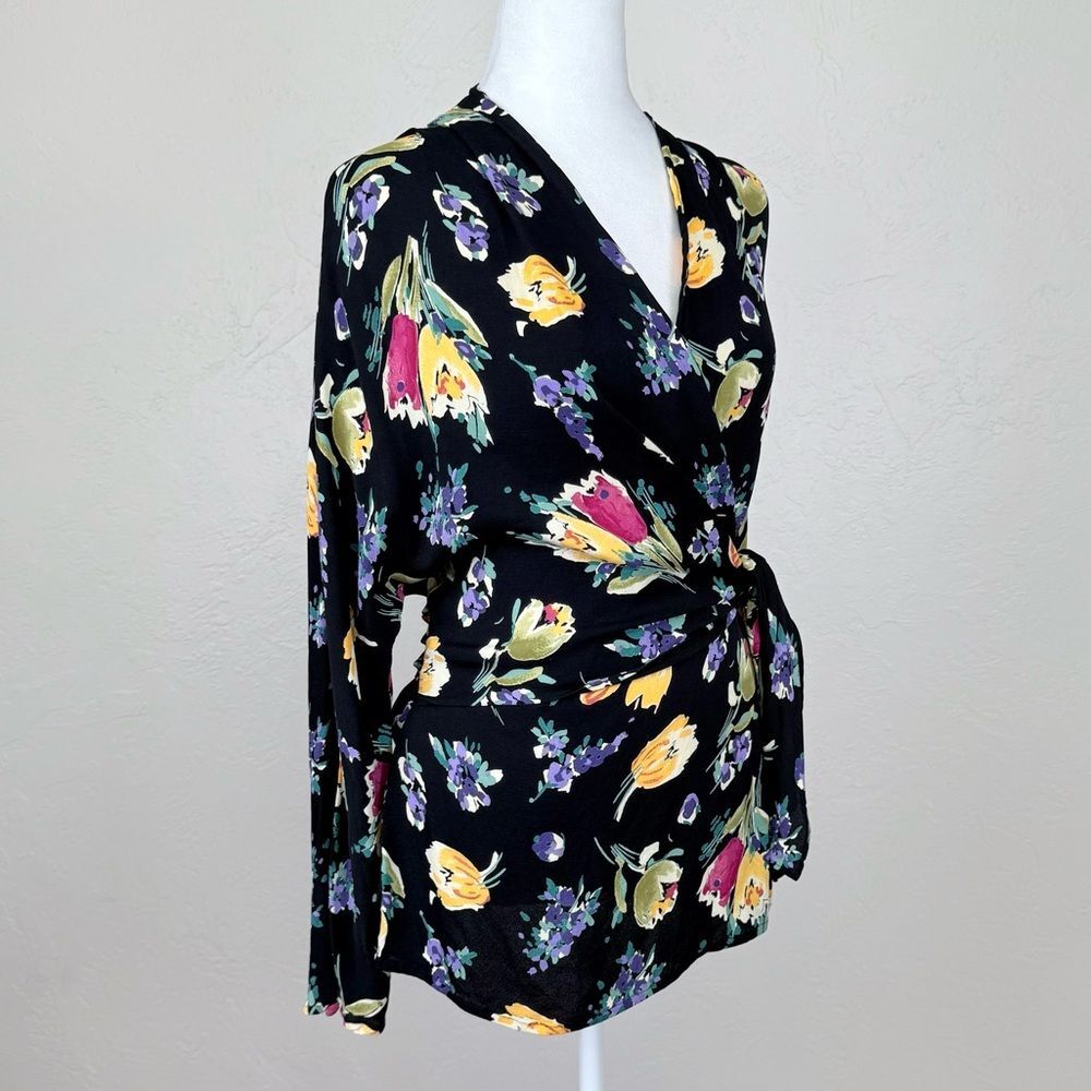 Vintage Rodier Floral Wrap Long Sleeve Black Multicolor Print Top 46 FR US L - Picture 3 of 13
